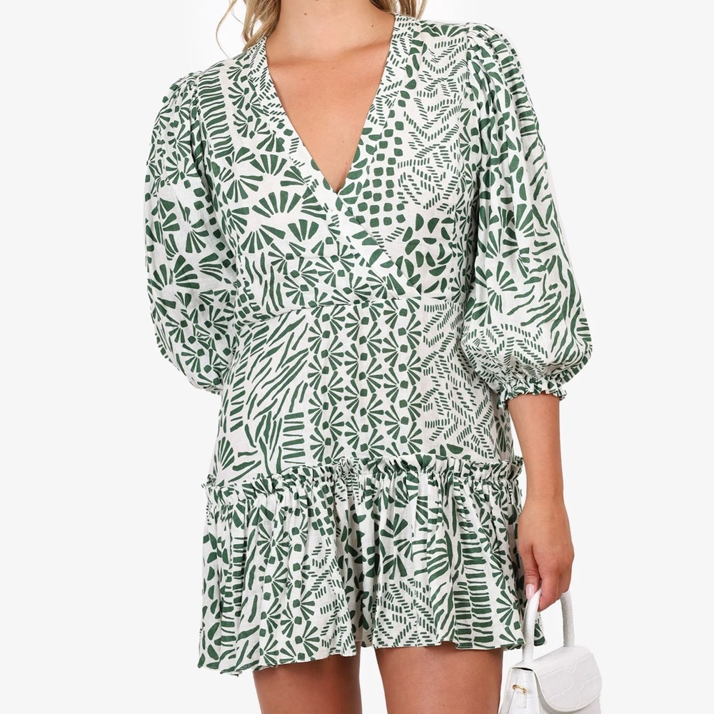 ALEXIS IDONY GREEN WHITE LINEN DRESS SIZE SMALL
